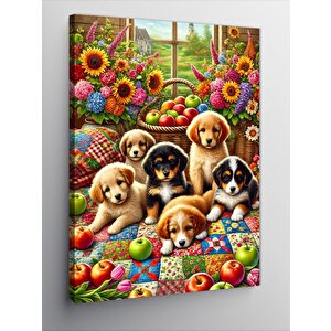 Kanvas Tablo Yavru Köpekler Ve Çiçek Bahçesi 70x100 cm