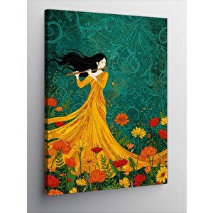 Kanvas Tablo Çiçeklerle Dans Eden Sarı Elbiseli Kadın 100x140 cm