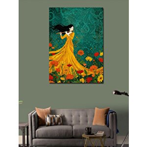 Kanvas Tablo Çiçeklerle Dans Eden Sarı Elbiseli Kadın 100x140 cm