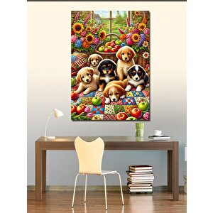 Kanvas Tablo Yavru Köpekler Ve Çiçek Bahçesi 50x70 cm