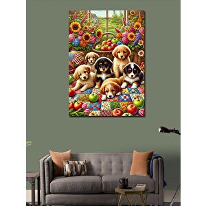 Kanvas Tablo Yavru Köpekler Ve Çiçek Bahçesi 50x70 cm