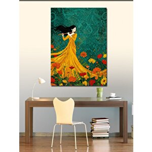 Kanvas Tablo Çiçeklerle Dans Eden Sarı Elbiseli Kadın 70x100 cm