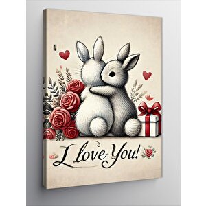 Kanvas Tablo Sevimli Tavşan Ve Çiçekler 50x70 cm