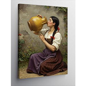 Kanvas Tablo Testiden Su İçen Köylü Kadın 50x70 cm
