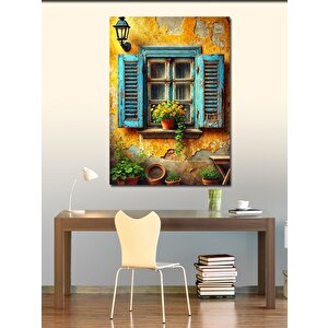 Kanvas Tablo Mavi Panjurlu Ev Ve Çiçekler 50x70 cm
