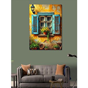 Kanvas Tablo Mavi Panjurlu Ev Ve Çiçekler 50x70 cm