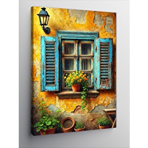 Kanvas Tablo Mavi Panjurlu Ev Ve Çiçekler 70x100 cm