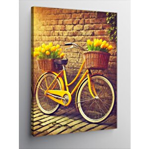 Kanvas Tablo Sarı Sepetli Bisiklet Ve Çiçekler 50x70 cm