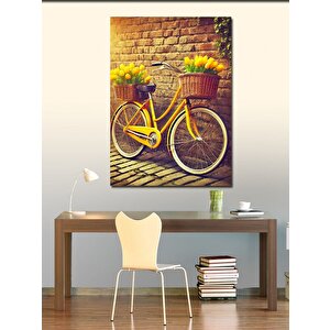 Kanvas Tablo Sarı Sepetli Bisiklet Ve Çiçekler 50x70 cm