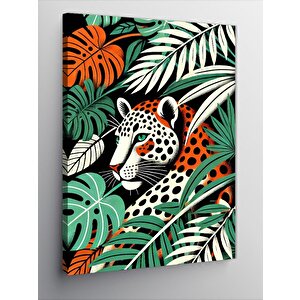 Kanvas Tablo Jaguar Ve Tropikal Yapraklar 100x140 cm