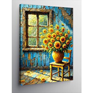 Kanvas Tablo Mavi Ahşap Oda Ve Güneş Çiçekleri 70x100 cm