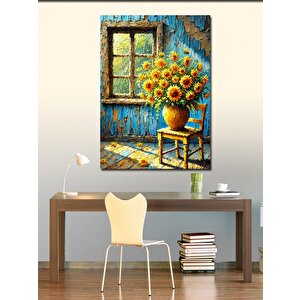 Kanvas Tablo Mavi Ahşap Oda Ve Güneş Çiçekleri 70x100 cm