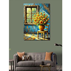 Kanvas Tablo Mavi Ahşap Oda Ve Güneş Çiçekleri 70x100 cm