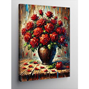 Kanvas Tablo Kırmızı Güller Çiçek Vazosu 100x140 cm