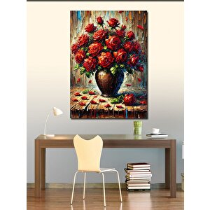 Kanvas Tablo Kırmızı Güller Çiçek Vazosu 50x70 cm
