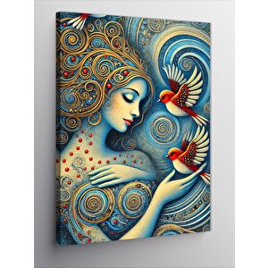 Kanvas Tablo Çiçekler Ve Kuşlarla Kadın 50x70 cm