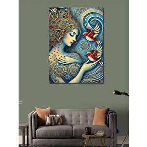 Kanvas Tablo Çiçekler Ve Kuşlarla Kadın 70x100 cm