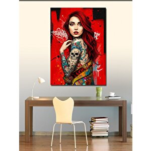 Kanvas Tablo Kafatası Ve Çiçeklerle Kadın Portresi 100x140 cm