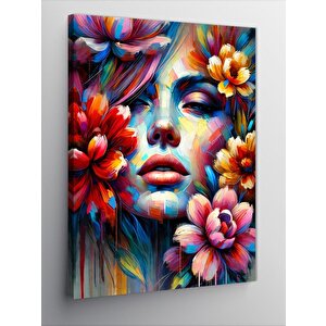 Kanvas Tablo Renkli Kadın Yüzü Ve Çiçekler 50x70 cm
