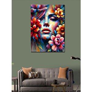 Kanvas Tablo Renkli Kadın Yüzü Ve Çiçekler 50x70 cm