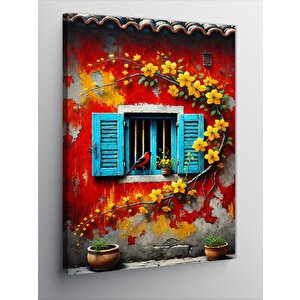 Kanvas Tablo Mavi Pencere Ve Çiçekler 70x100 cm
