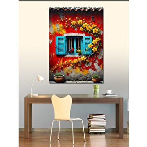 Kanvas Tablo Mavi Pencere Ve Çiçekler 70x100 cm