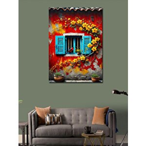 Kanvas Tablo Mavi Pencere Ve Çiçekler 100x140 cm