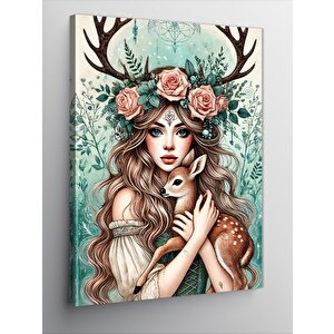 Kanvas Tablo Çiçekli Geyik Kadın 100x140 cm