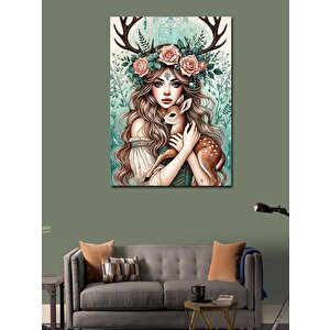 Kanvas Tablo Çiçekli Geyik Kadın 100x140 cm