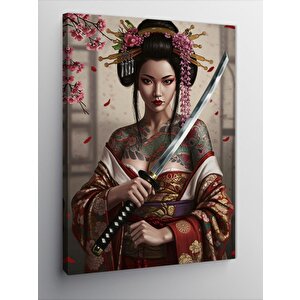 Kanvas Tablo Samuray Kadın Ve Çiçekler 70x100 cm