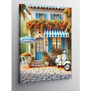 Kanvas Tablo Mavi Panjurlu Çiçekli Ev 70x100 cm