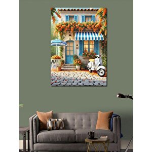 Kanvas Tablo Mavi Panjurlu Çiçekli Ev 70x100 cm