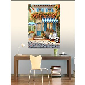 Kanvas Tablo Mavi Panjurlu Çiçekli Ev 100x140 cm