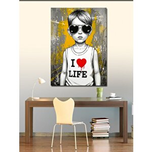 Kanvas Tablo Güneş Gözlüklü Çocuk Ve "i Love Life" 100x140 cm