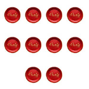 Roll-up Parti Doğum Günü Işıltılı Kırmızı Party Yazılı Karton Tabak - 22 Cm. - 8 Adetlik 10 Paket