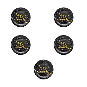 Roll-up Doğum Günü Işıltılı Siyah Happy Bithday Yazılı Karton Tabak - 22 Cm. - 8 Adetlik 5 Paket