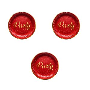 Roll-up Parti Doğum Günü Işıltılı Kırmızı Party Yazılı Karton Tabak - 22 Cm. - 8 Adetlik 3 Paket