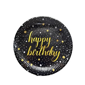 Roll-up Doğum Günü Işıltılı Siyah Happy Bithday Yazılı Karton Tabak - 22 Cm. - 8 Adetlik 3 Paket