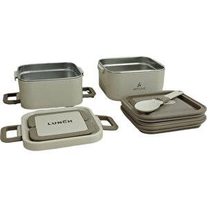 Bento Kare 2 Katlı Lunch Box Yemek Termosu Bej 1400 Ml