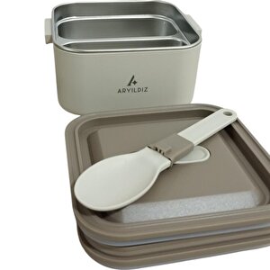 Bento Kare 2 Katlı Lunch Box Yemek Termosu Bej 1400 Ml