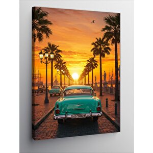 Kanvas Tablo Palmiye Ağaçları Ve Retro Araba 70x100 cm