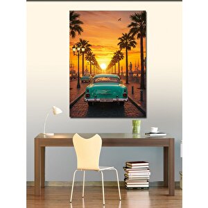 Kanvas Tablo Palmiye Ağaçları Ve Retro Araba 70x100 cm