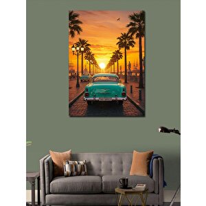 Kanvas Tablo Palmiye Ağaçları Ve Retro Araba 70x100 cm