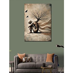 Kanvas Tablo Ağaç Ve Düşünen Kadın 70x100 cm