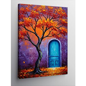 Kanvas Tablo Mavi Kapı Ve Ağaç 50x70 cm