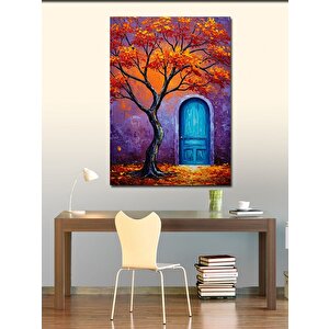 Kanvas Tablo Mavi Kapı Ve Ağaç 50x70 cm