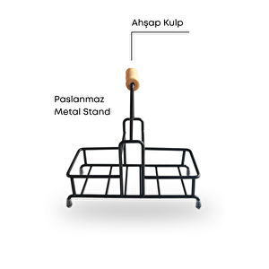Metal Standlı Ahşap Detaylı Sıvı Sabunluk Fırçalık Seti- Sabunluk Fırçalık Mutfak Seti- Şeffaf