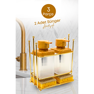 Ahşap Desenli Altın Gold Metal Standlı Bulaşık Deterjanı Sıvı Sabunluk Mutfak Seti-sünger