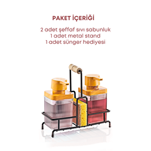 Mimoza Metal Standlı Ahşap Detaylı Bulaşık Deterjanı Ve Sıvı Sabunluk Mutfak Seti-süngerli- Şeffaf