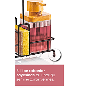 Metal Standlı Ahşap Detaylı Sıvı Sabunluk Diş Fırçalık Mutfak Banyo Seti- Şeffaf